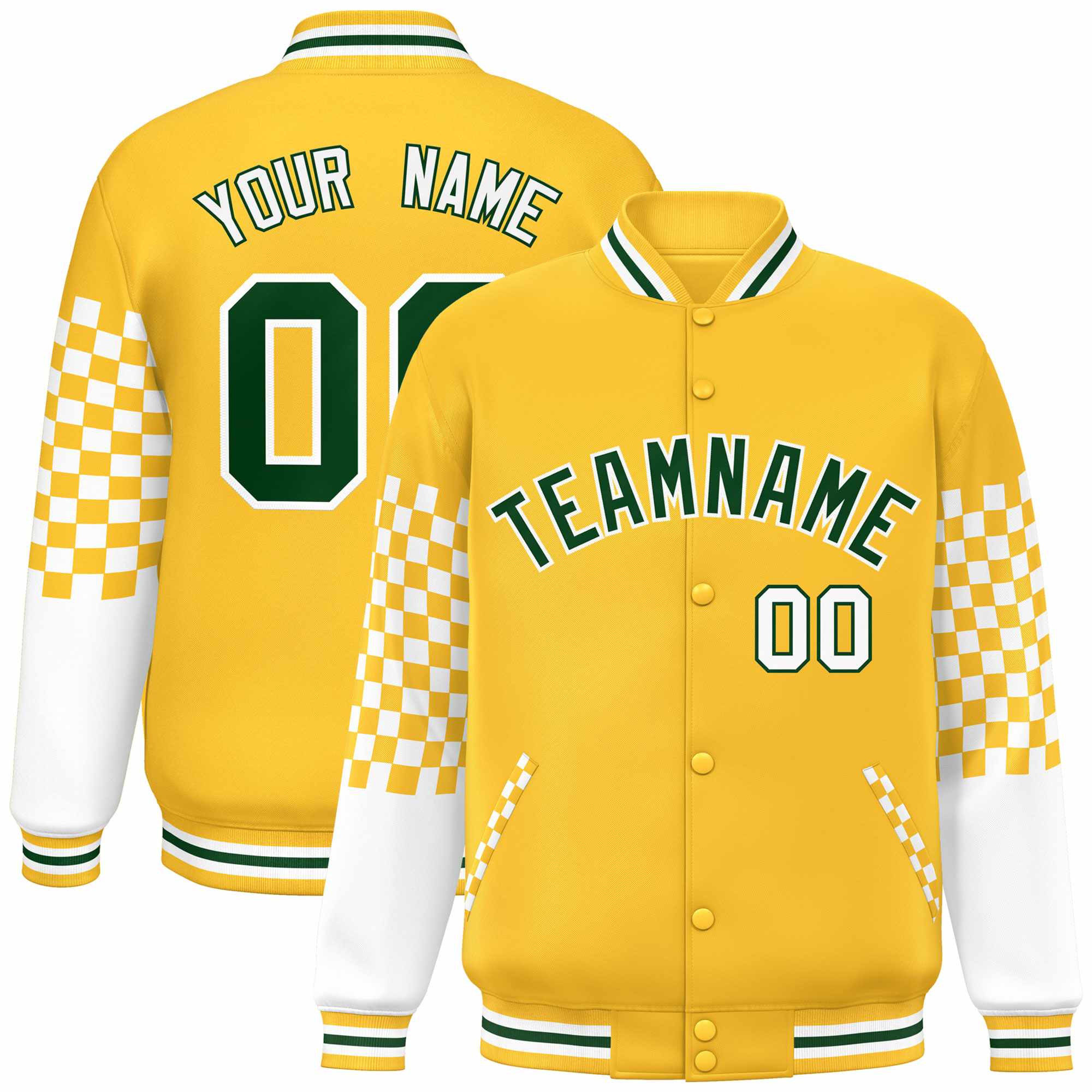 Custom Gold Green-White Checkered Pattern Color Block Bomber Varsity Jacket