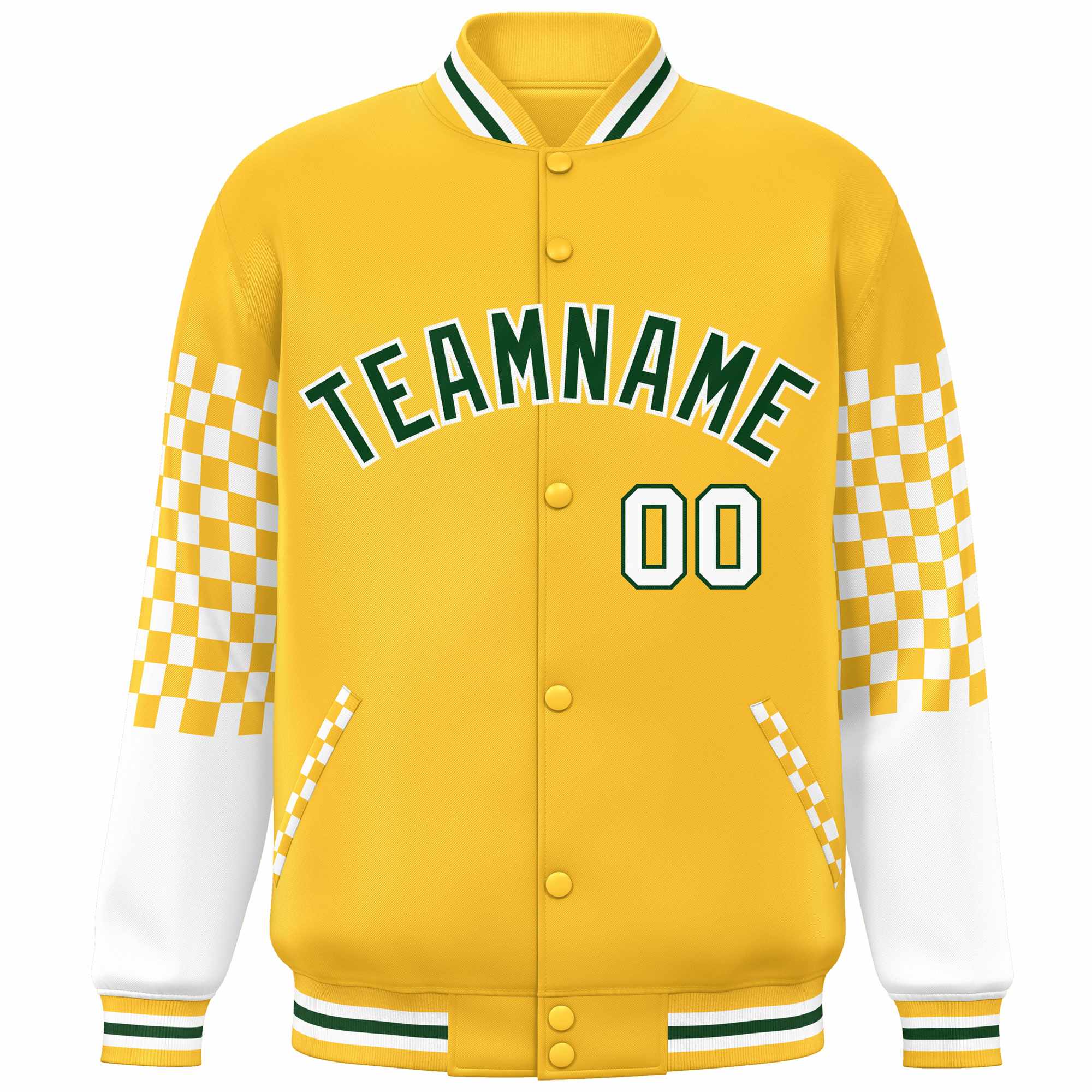 Custom Gold Green-White Checkered Pattern Color Block Bomber Varsity Jacket