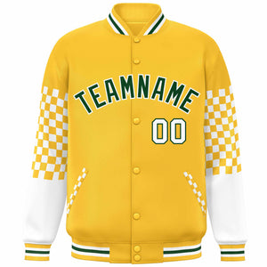 Custom Gold Green-White Checkered Pattern Color Block Bomber Varsity Jacket