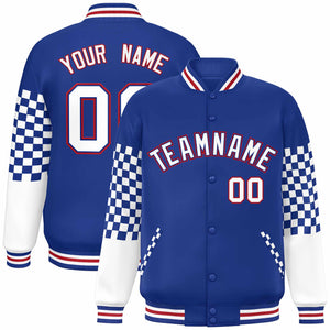 Custom Royal White-Red Checkered Pattern Color Block Bomber Varsity Jacket