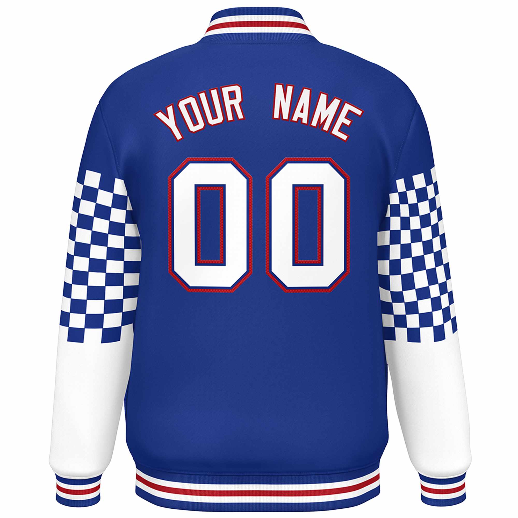 Custom Royal White-Red Checkered Pattern Color Block Bomber Varsity Jacket