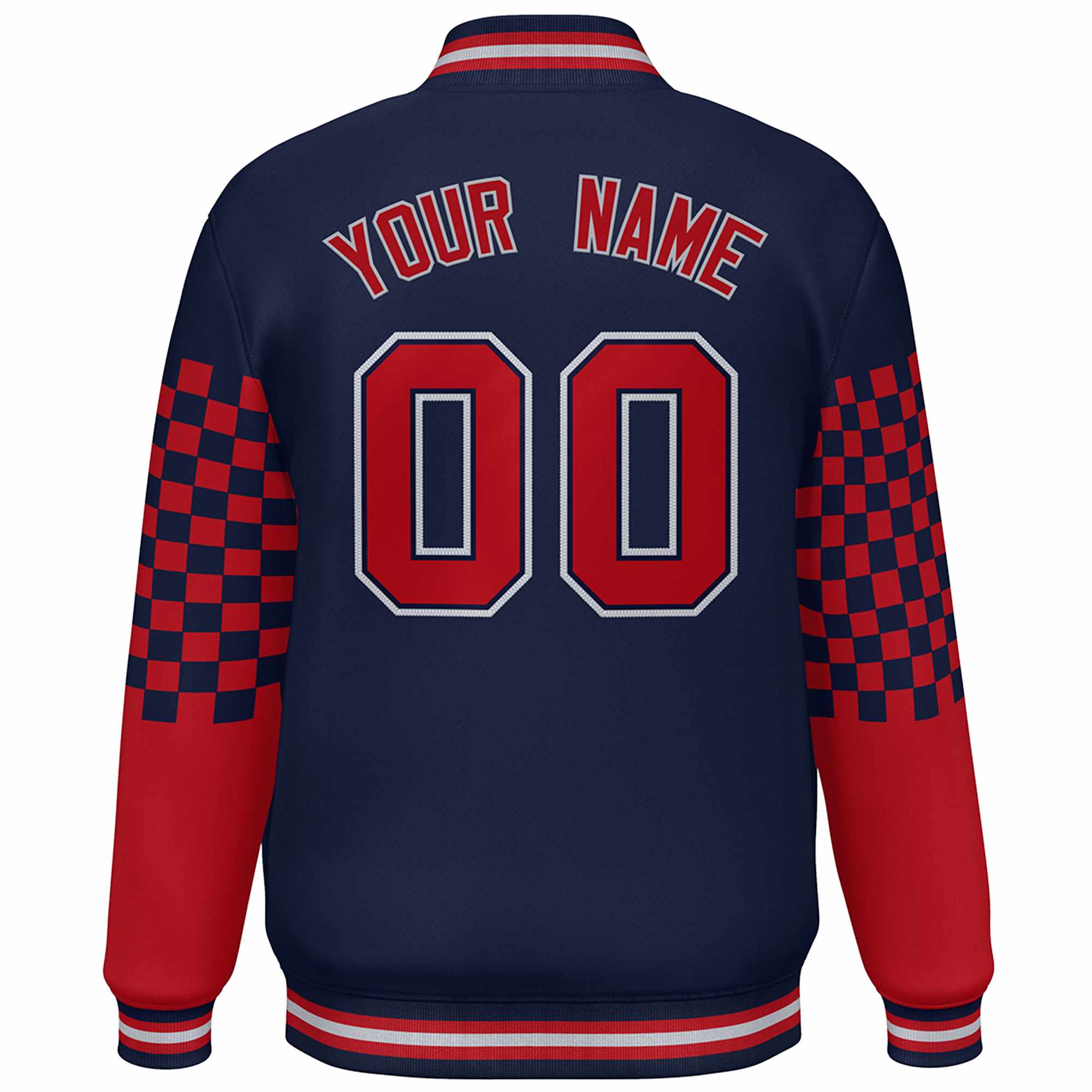 Custom Navy Red-Gray Checkered Pattern Color Block Bomber Varsity Jacket