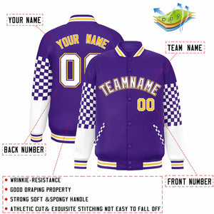 Custom Purple White-Gold Checkered Pattern Color Block Bomber Varsity Jacket