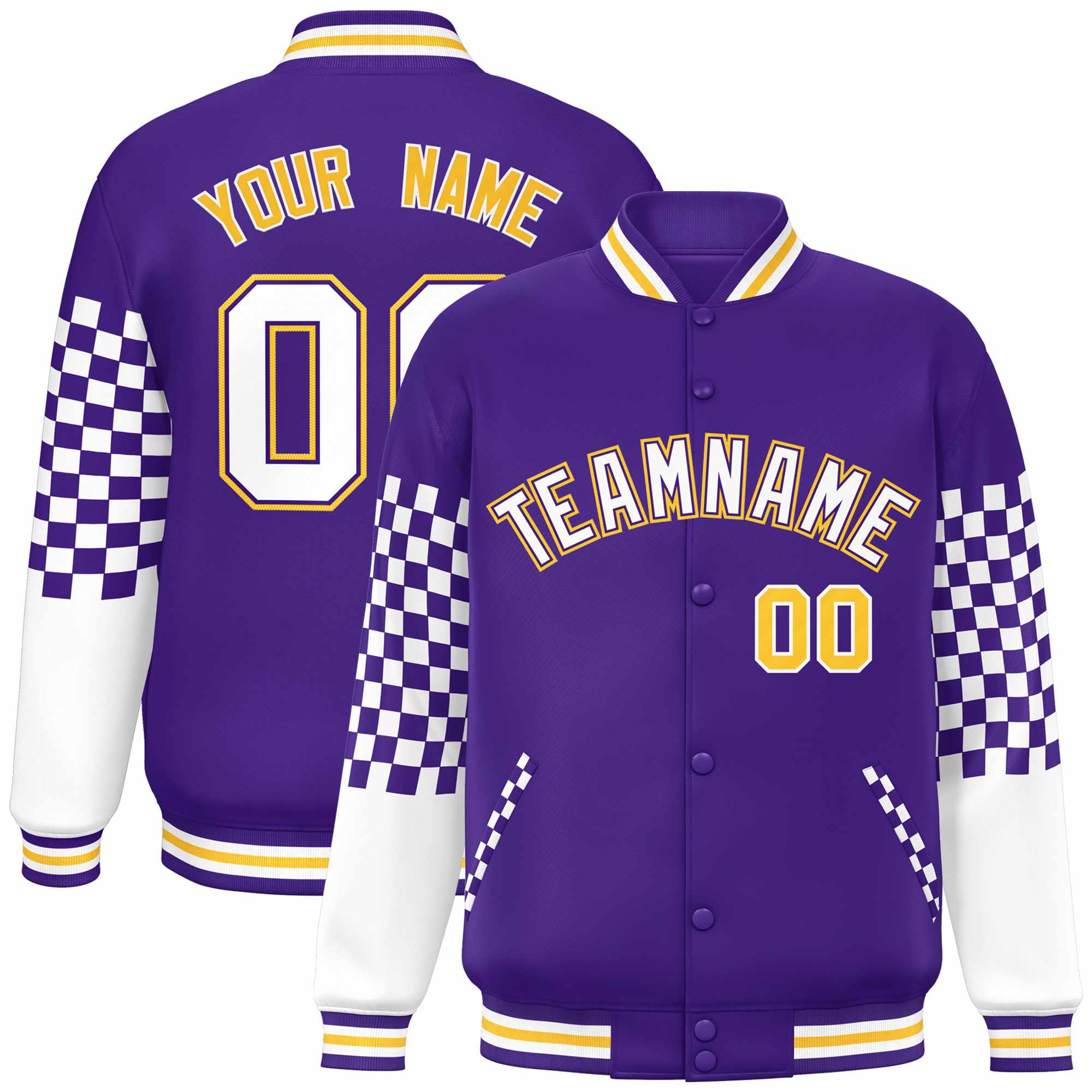 Custom Purple White-Gold Checkered Pattern Color Block Bomber Varsity Jacket