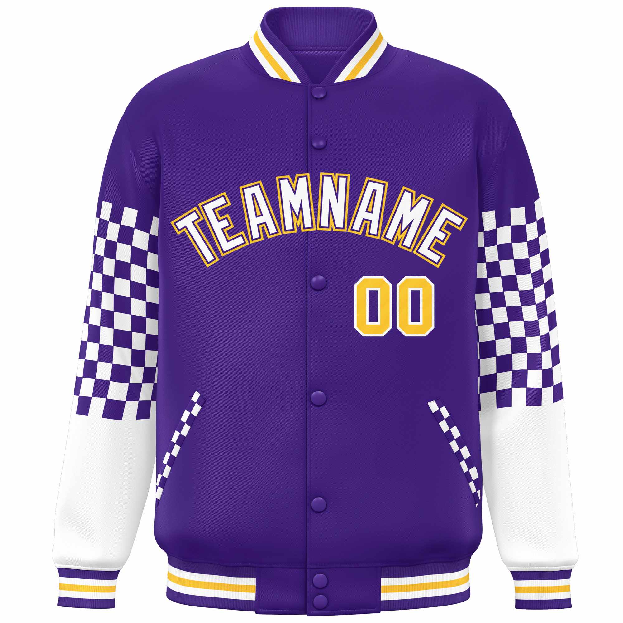 Custom Purple White-Gold Checkered Pattern Color Block Bomber Varsity Jacket