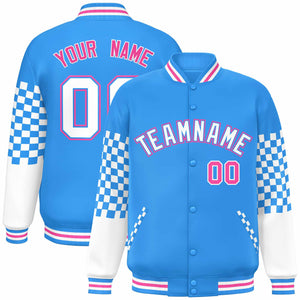 Custom Powder Blue White-Pink Checkered Pattern Color Block Bomber Varsity Jacket