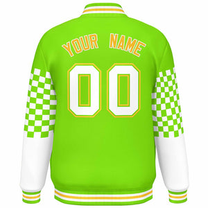 Custom Neon Green White-Gold Checkered Pattern Color Block Bomber Varsity Jacket