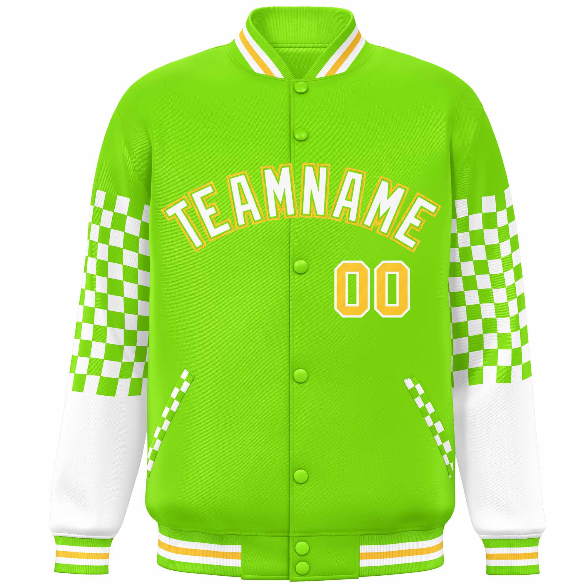 Custom Neon Green White-Gold Checkered Pattern Color Block Bomber Varsity Jacket