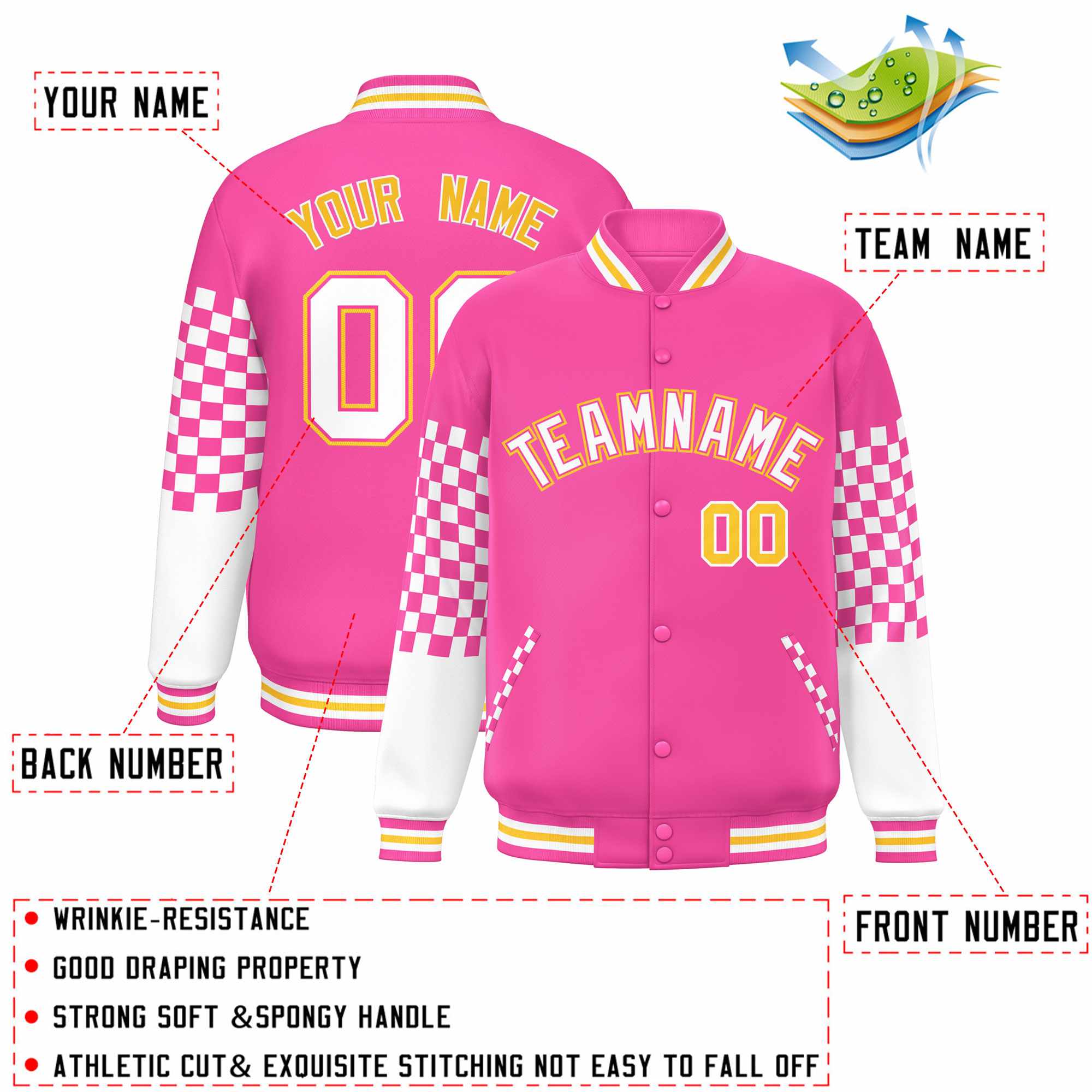 Custom Pink White-Gold Checkered Pattern Color Block Bomber Varsity Jacket