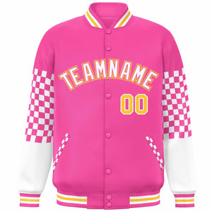 Custom Pink White-Gold Checkered Pattern Color Block Bomber Varsity Jacket