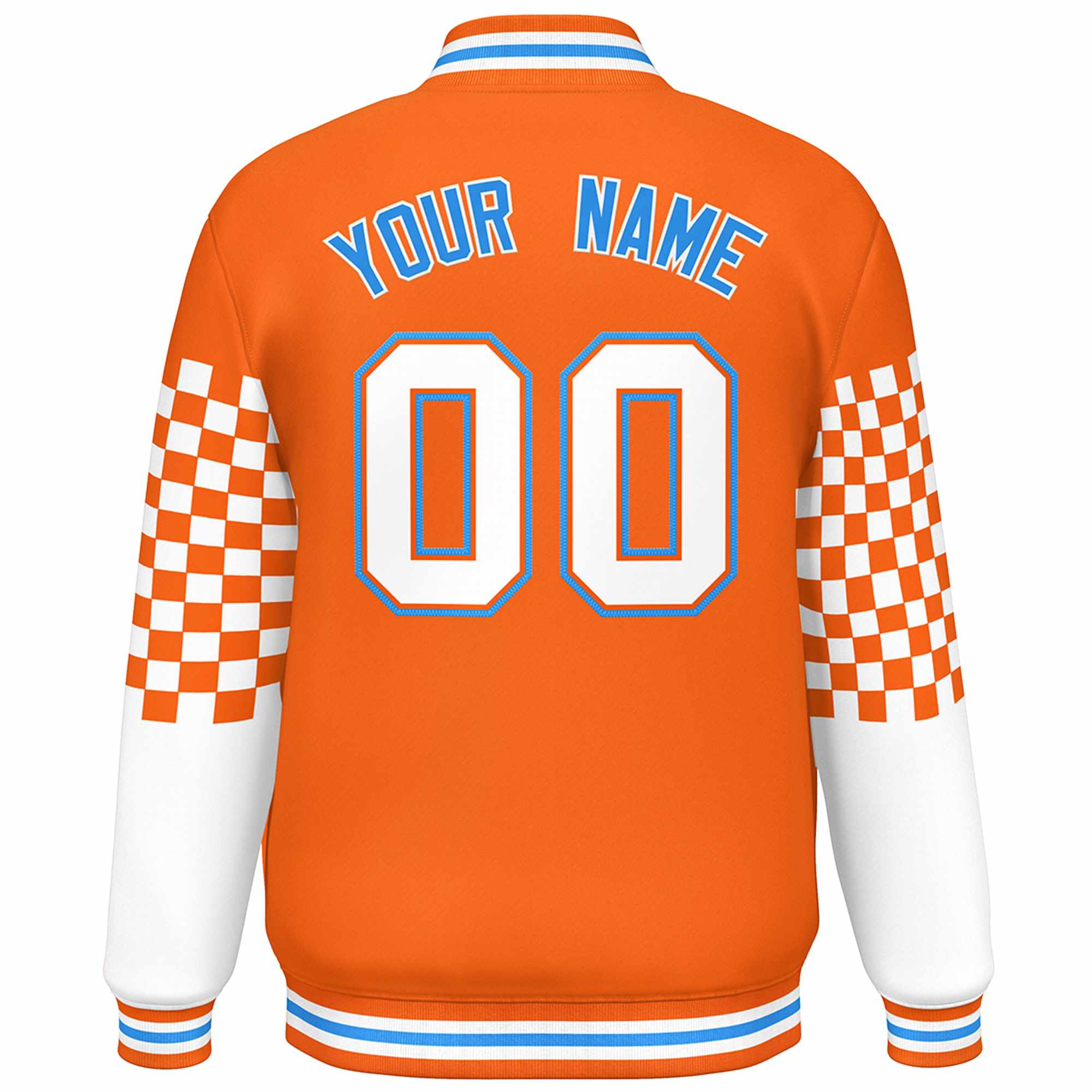 Custom Orange White-Powder Blue Checkered Pattern Color Block Bomber Varsity Jacket