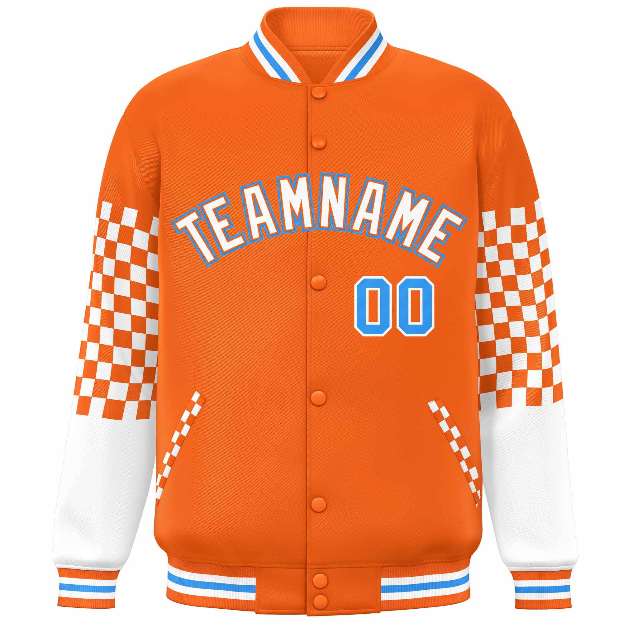 Custom Orange White-Powder Blue Checkered Pattern Color Block Bomber Varsity Jacket