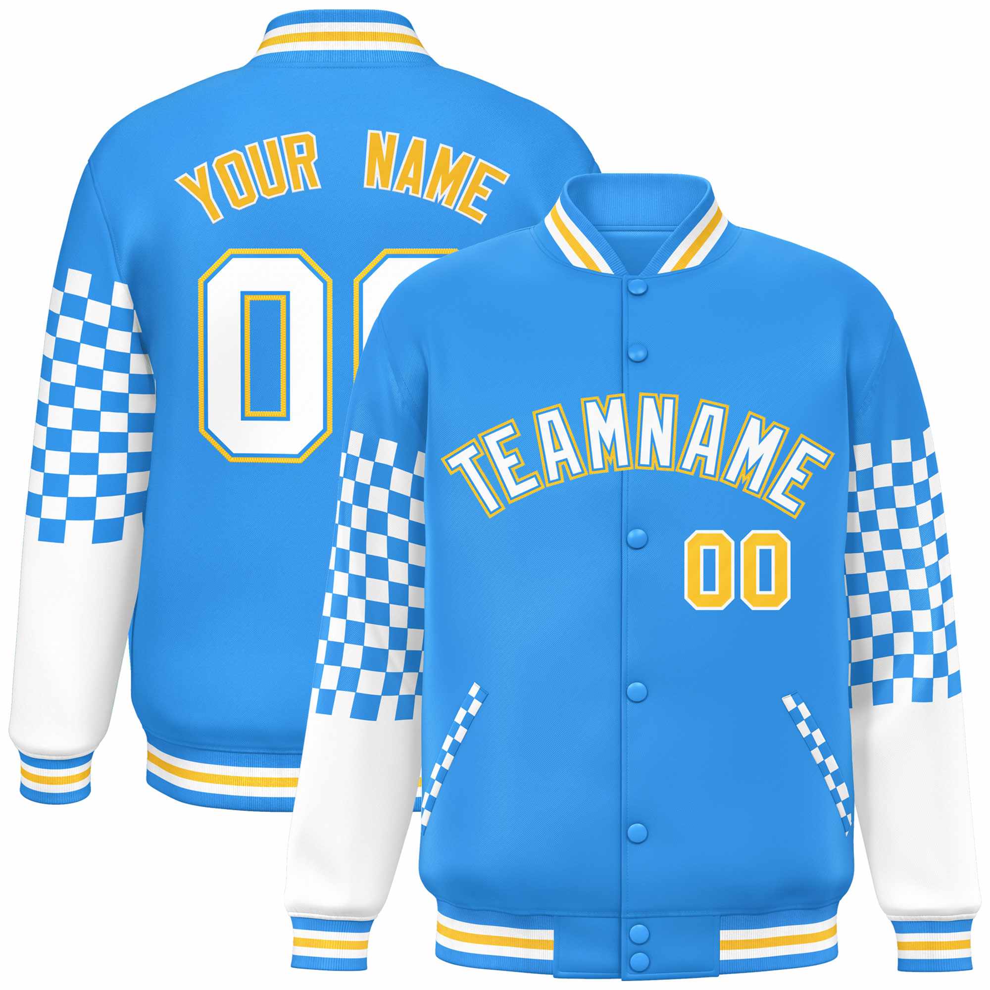 Custom Powder Blue White-Gold Checkered Pattern Color Block Bomber Varsity Jacket