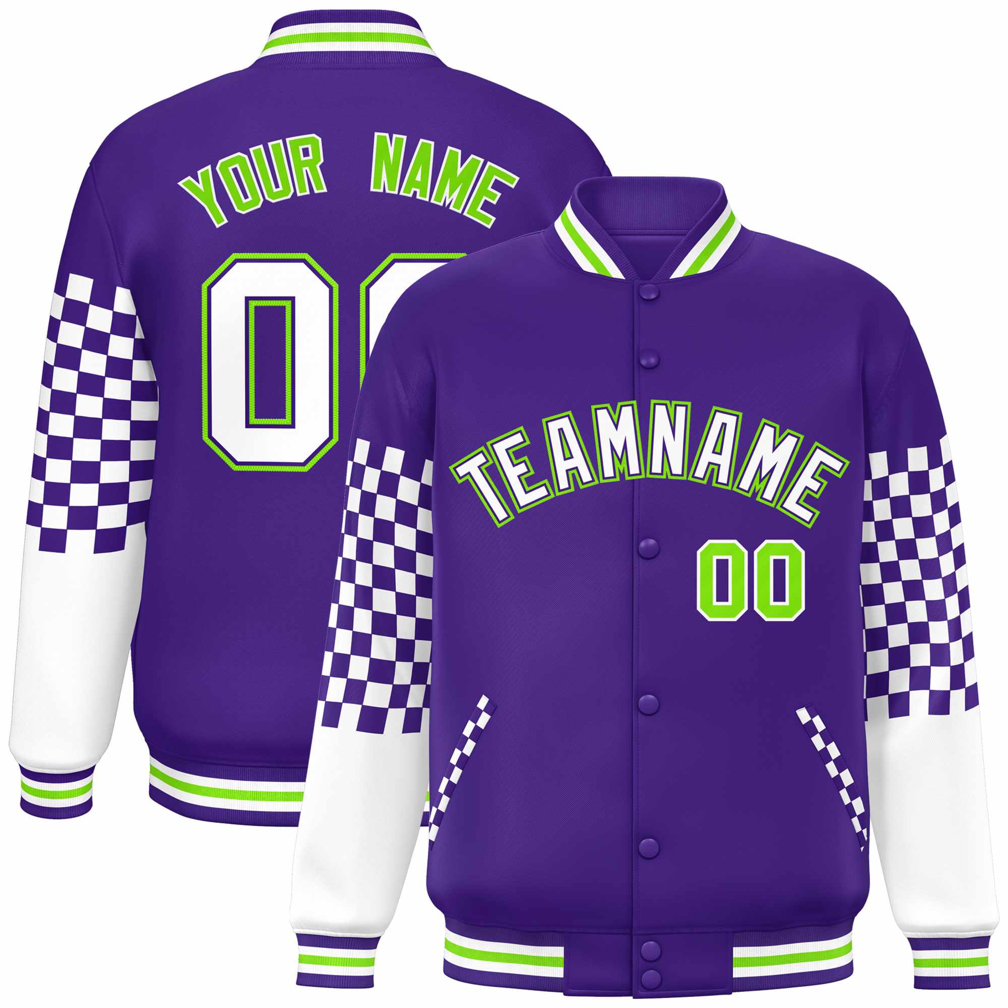 Custom Purple White-Neon Green Checkered Pattern Color Block Bomber Varsity Jacket