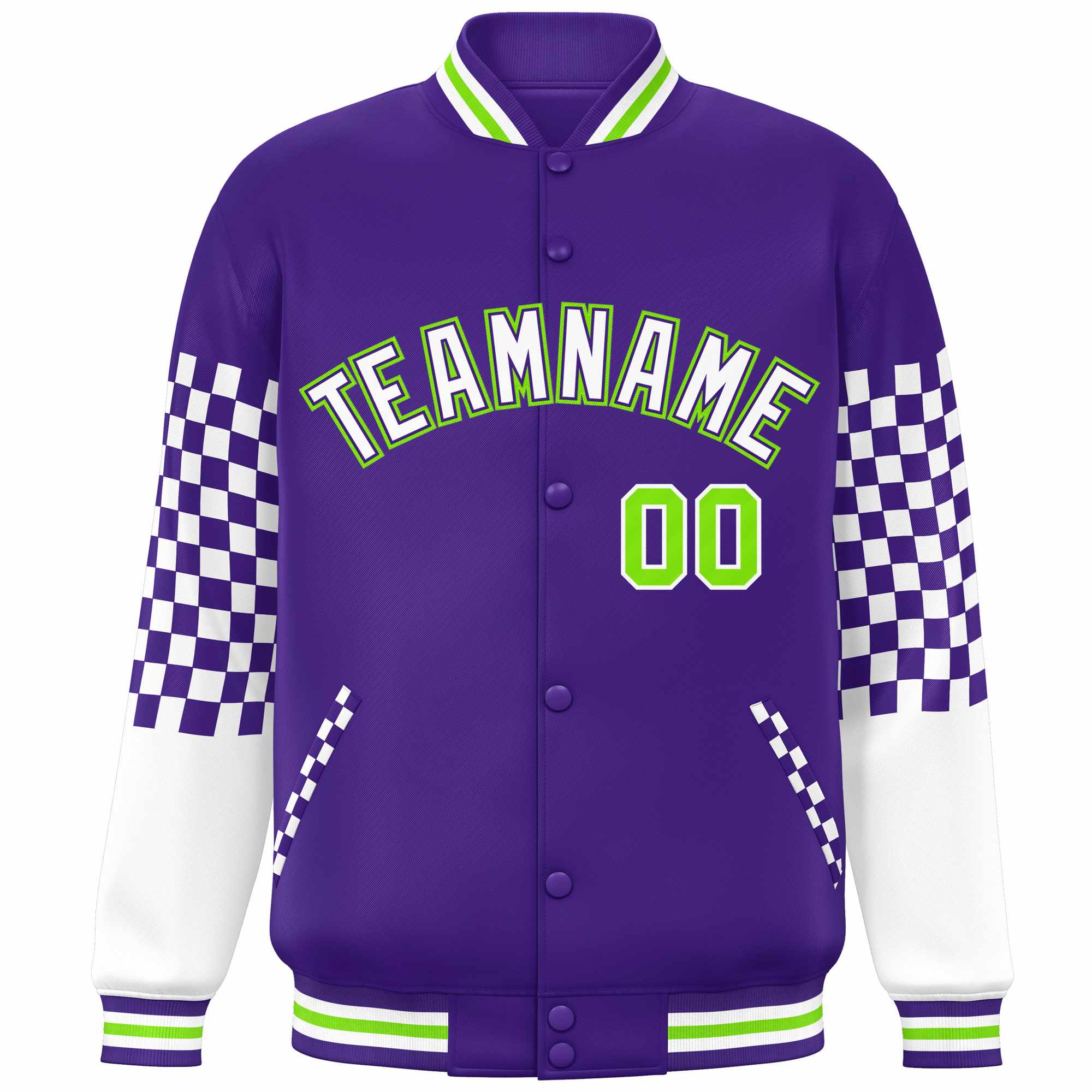 Custom Purple White-Neon Green Checkered Pattern Color Block Bomber Varsity Jacket