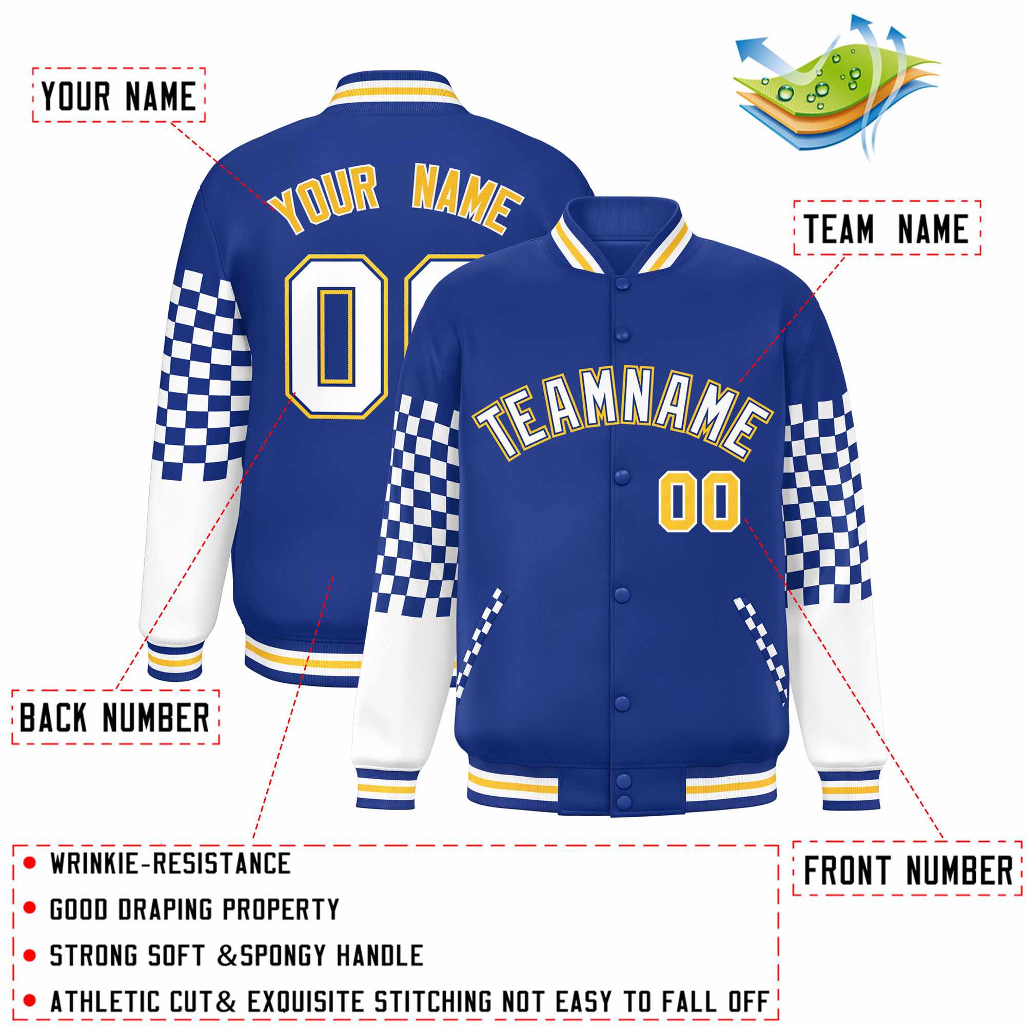 Custom Royal White-Gold Checkered Pattern Color Block Bomber Varsity Jacket