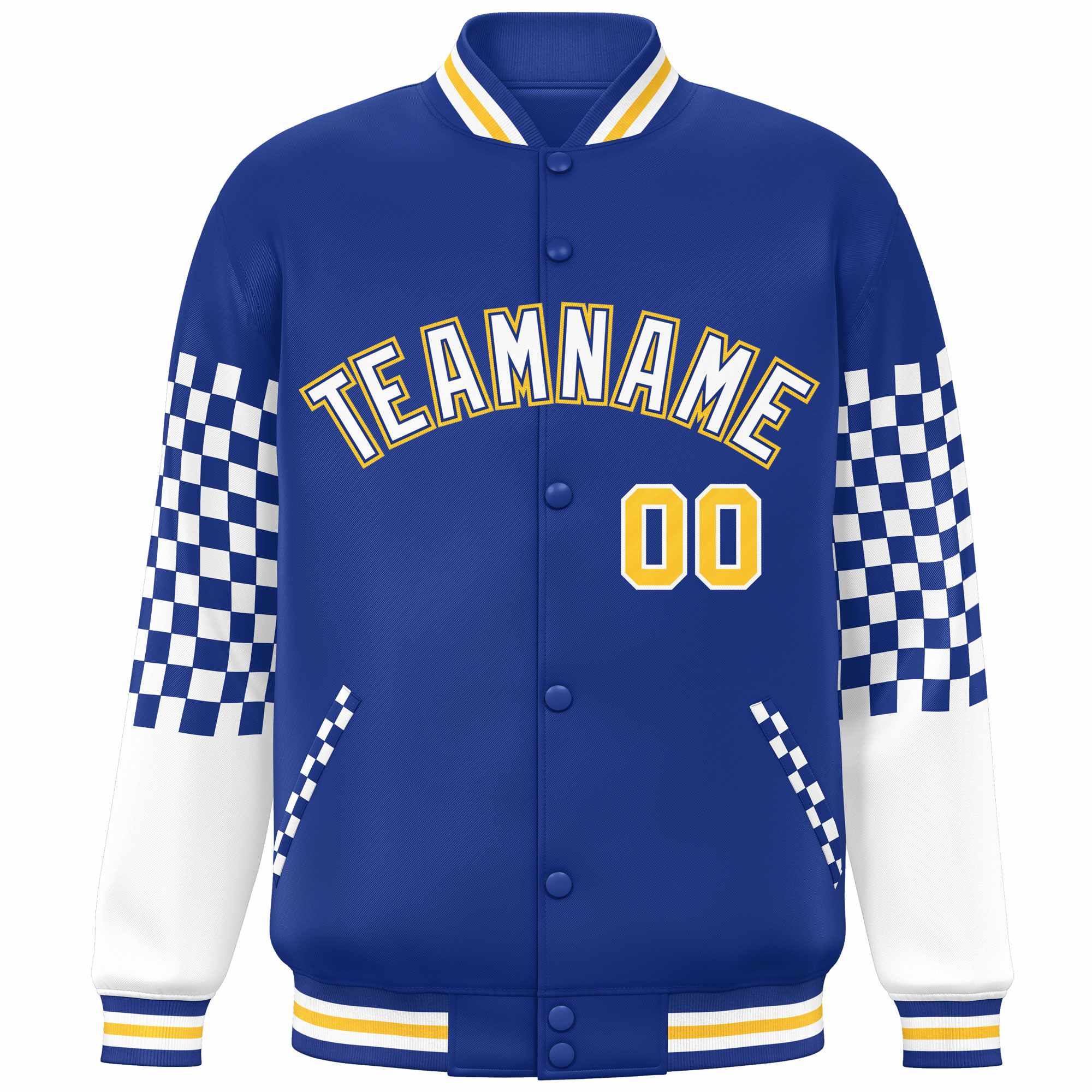 Custom Royal White-Gold Checkered Pattern Color Block Bomber Varsity Jacket