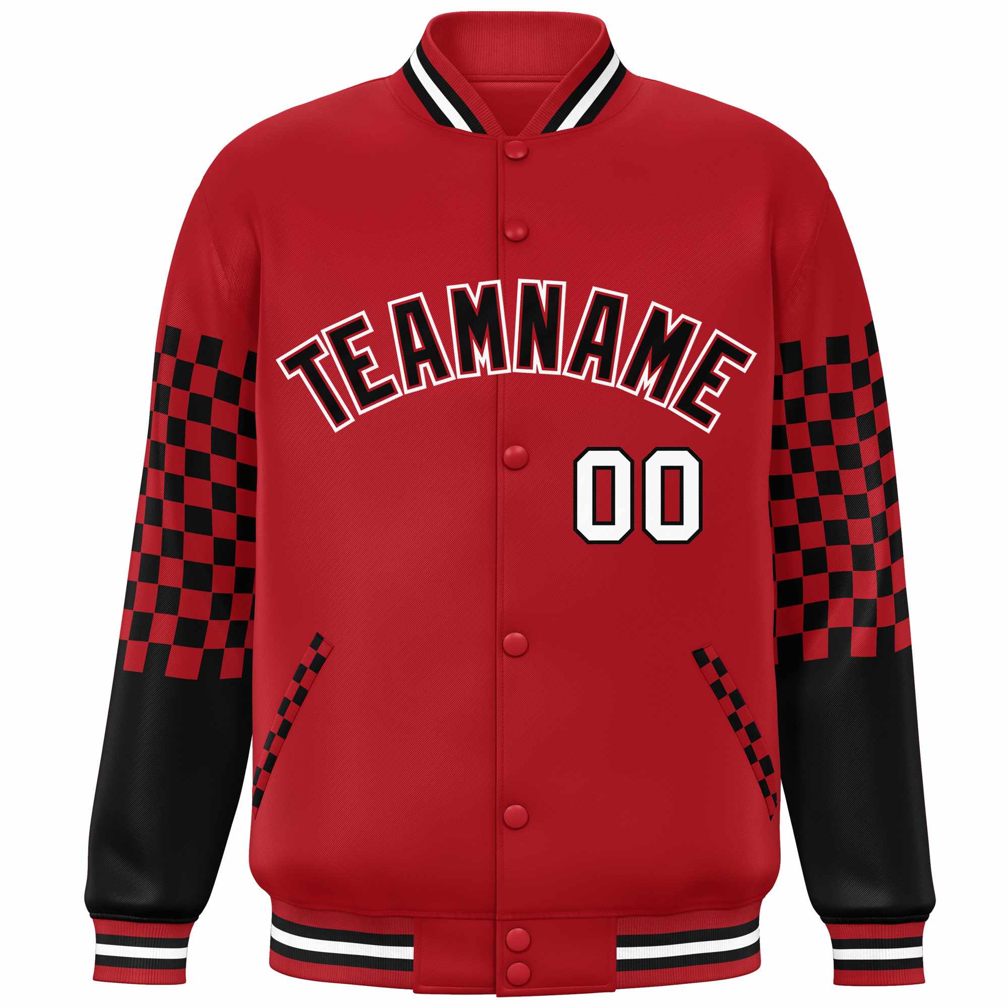 Custom Red Black-White Checkered Pattern Color Block Bomber Varsity Jacket