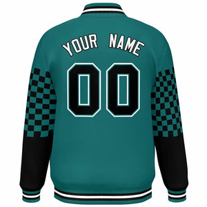 Custom Aqua Black-White Checkered Pattern Color Block Bomber Varsity Jacket