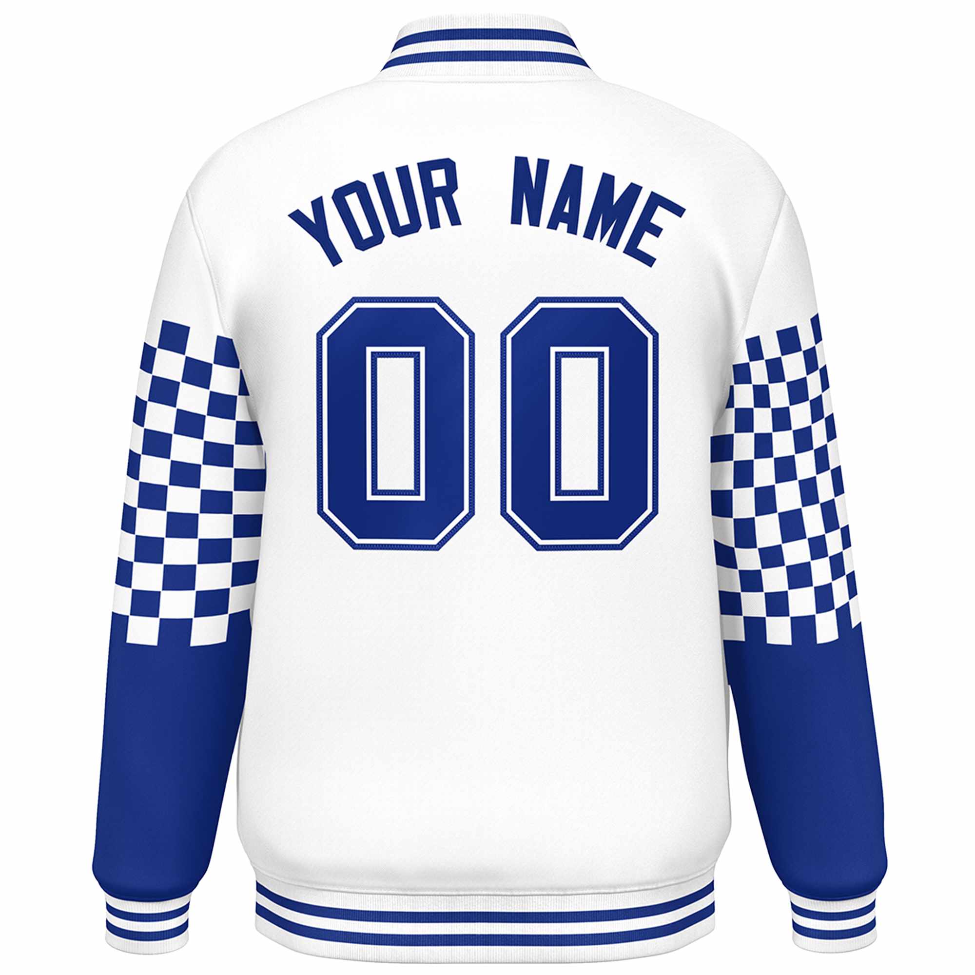 Custom White Royal Checkered Pattern Color Block Bomber Varsity Jacket