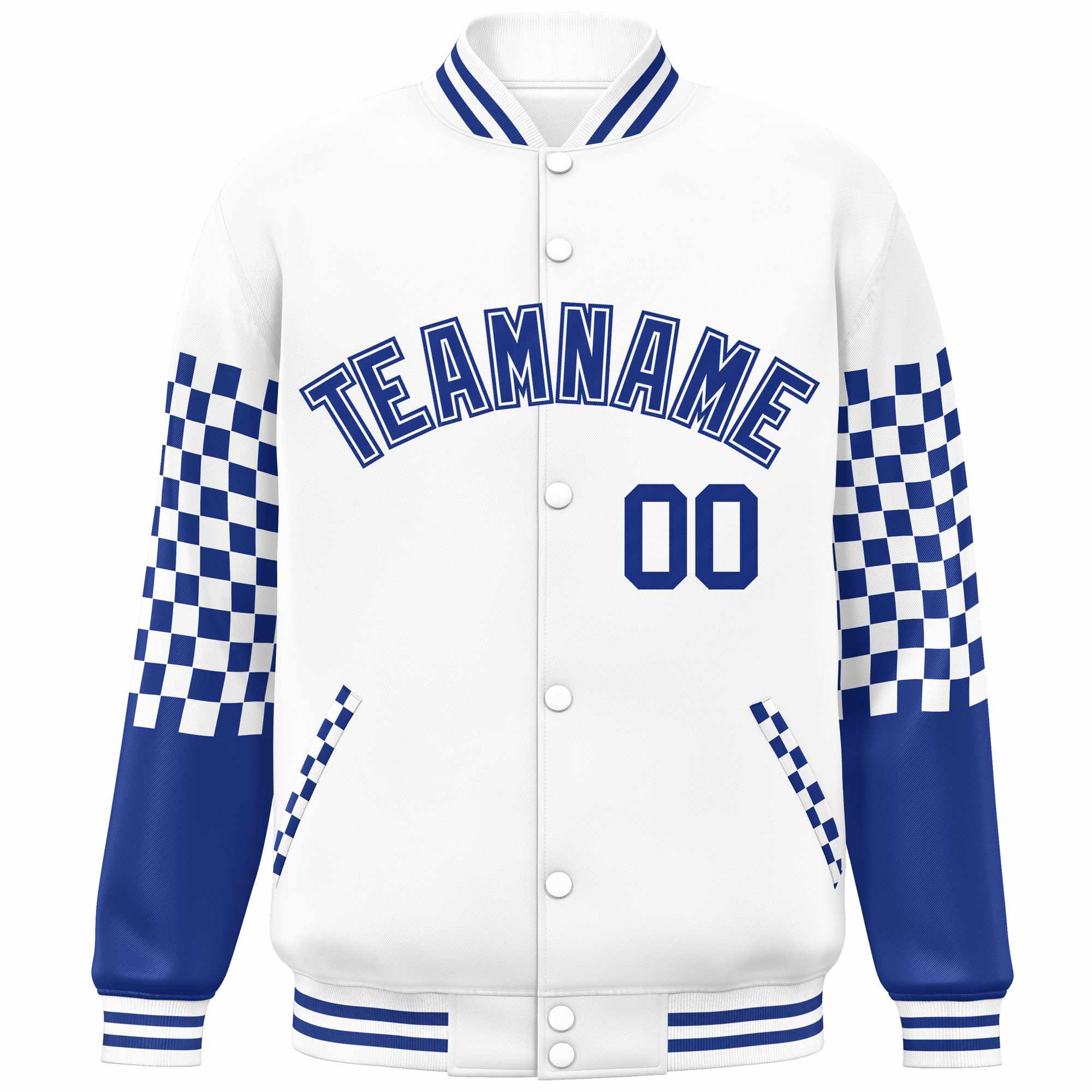 Custom White Royal Checkered Pattern Color Block Bomber Varsity Jacket