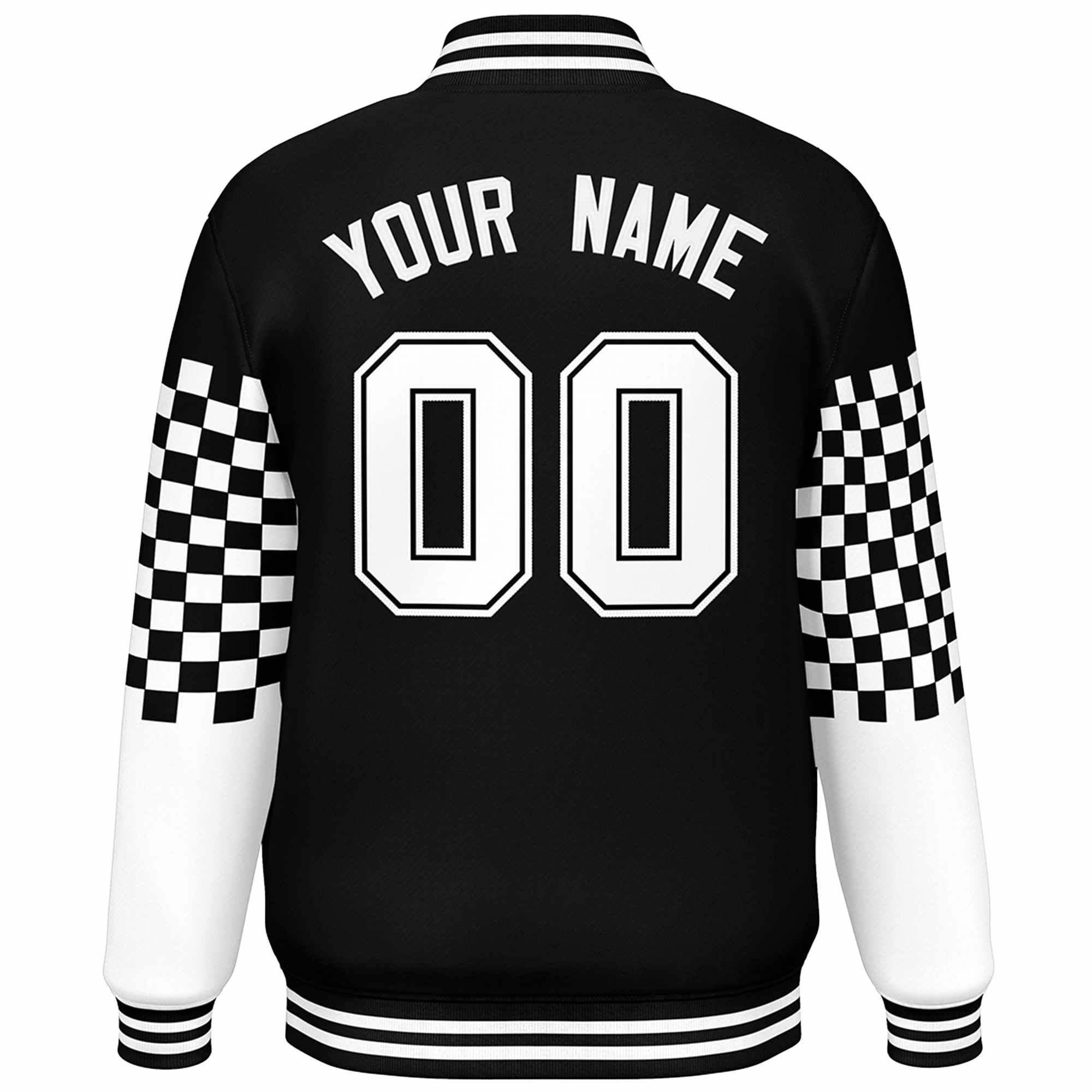 Custom Black White Checkered Pattern Color Block Bomber Varsity Jacket