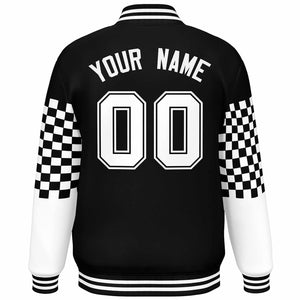 Custom Black White Checkered Pattern Color Block Bomber Varsity Jacket