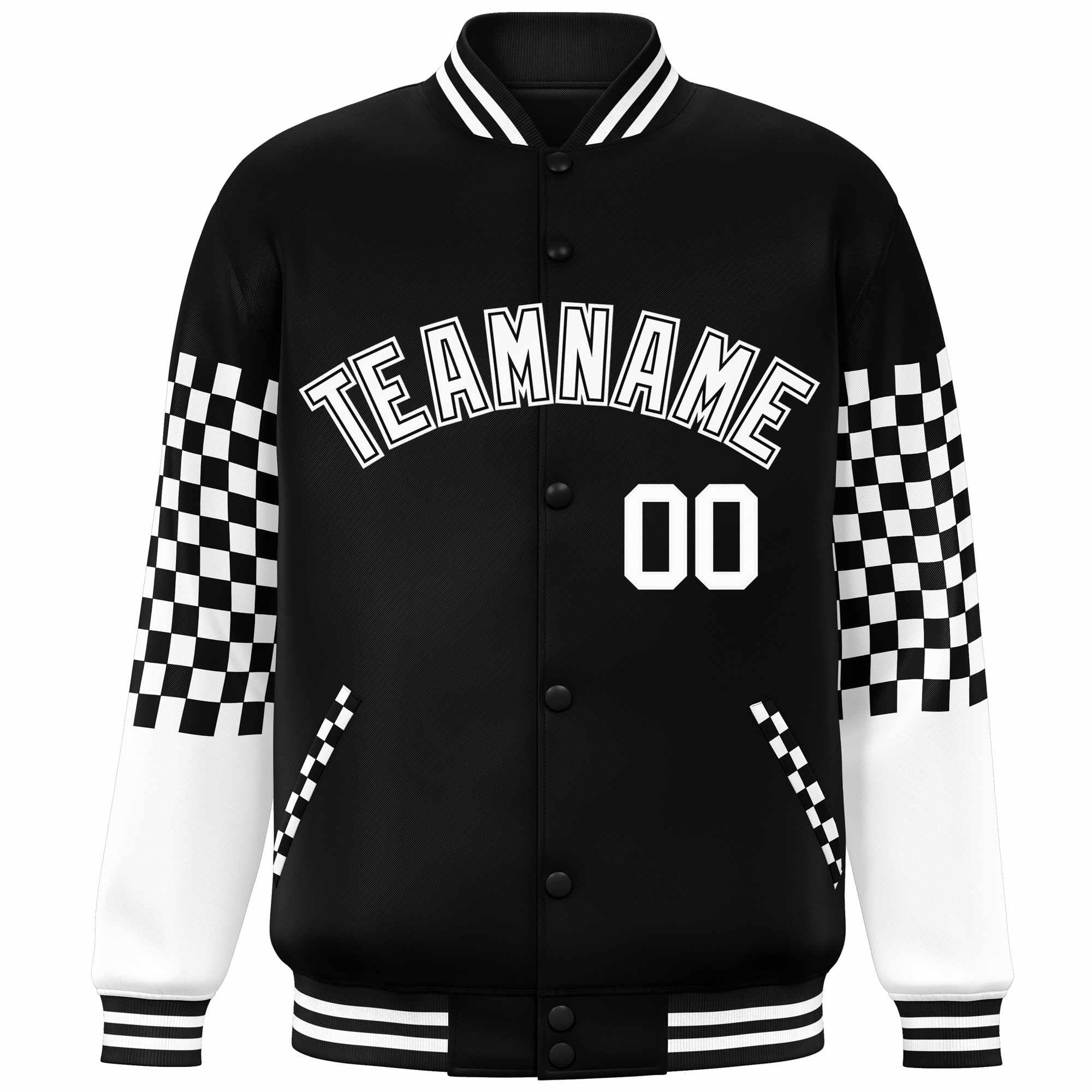 Custom Black White Checkered Pattern Color Block Bomber Varsity Jacket