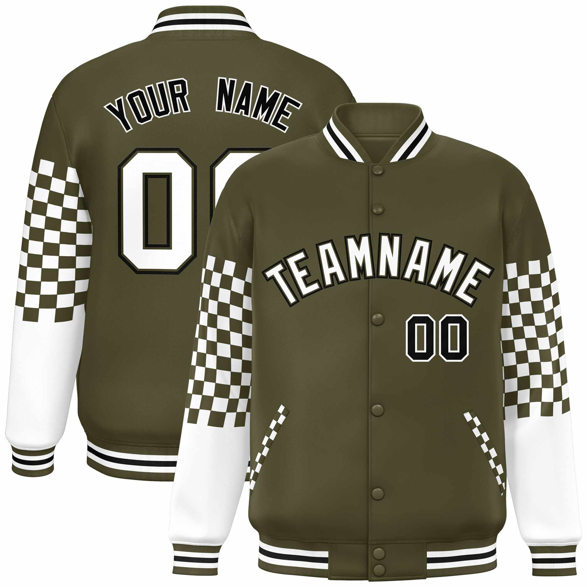 Custom Olive White-Black Checkered Pattern Color Block Bomber Varsity Jacket