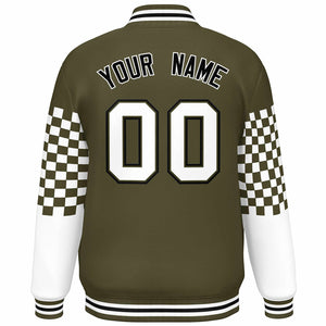 Custom Olive White-Black Checkered Pattern Color Block Bomber Varsity Jacket