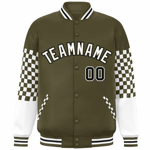 Custom Olive White-Black Checkered Pattern Color Block Bomber Varsity Jacket