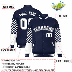 Custom Navy White Checkered Pattern Color Block Bomber Varsity Jacket