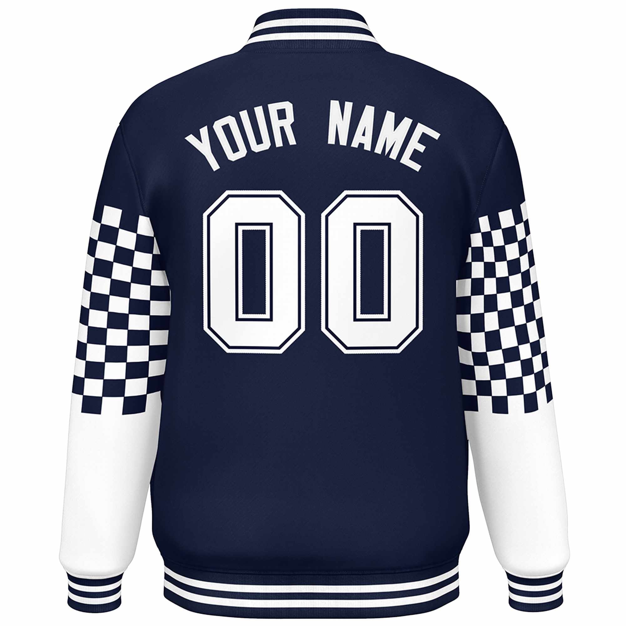 Custom Navy White Checkered Pattern Color Block Bomber Varsity Jacket