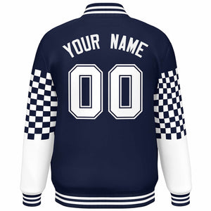 Custom Navy White Checkered Pattern Color Block Bomber Varsity Jacket