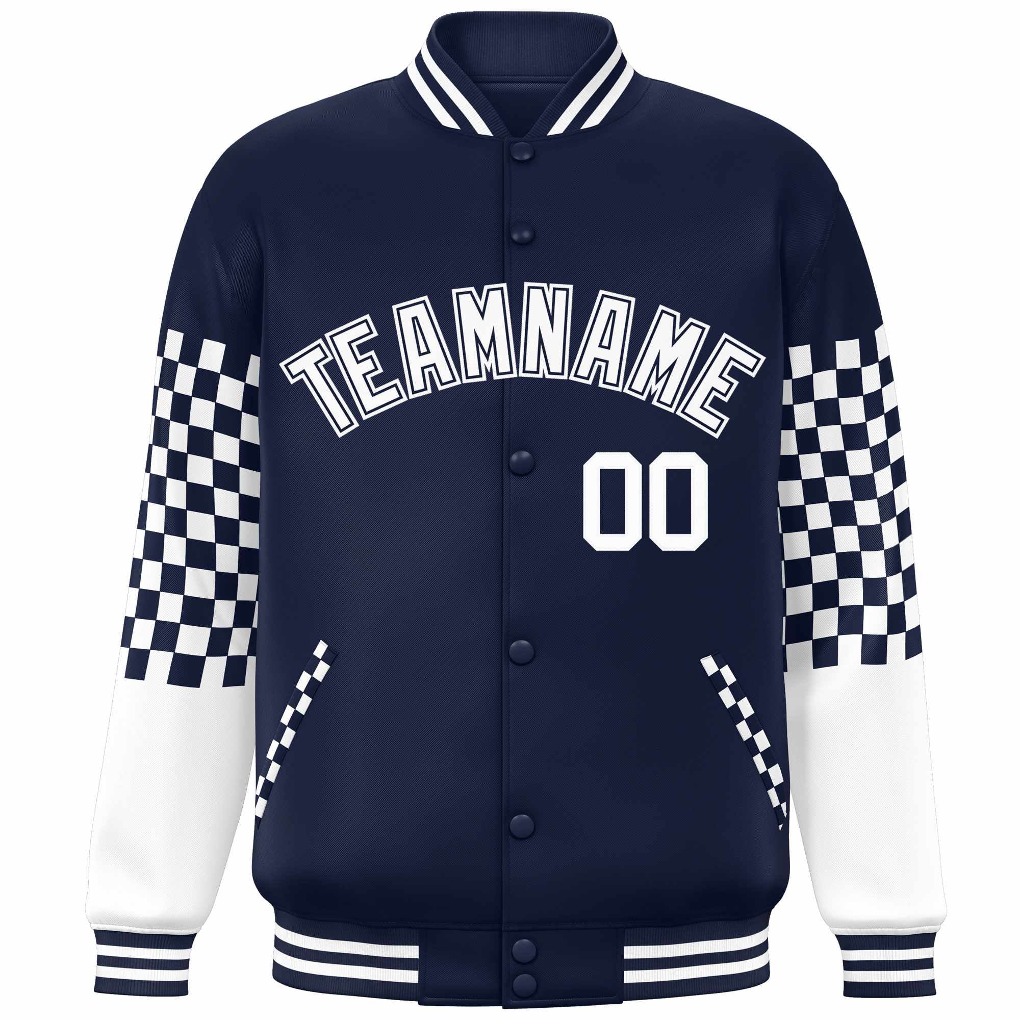 Custom Navy White Checkered Pattern Color Block Bomber Varsity Jacket