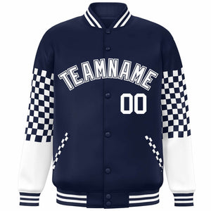 Custom Navy White Checkered Pattern Color Block Bomber Varsity Jacket