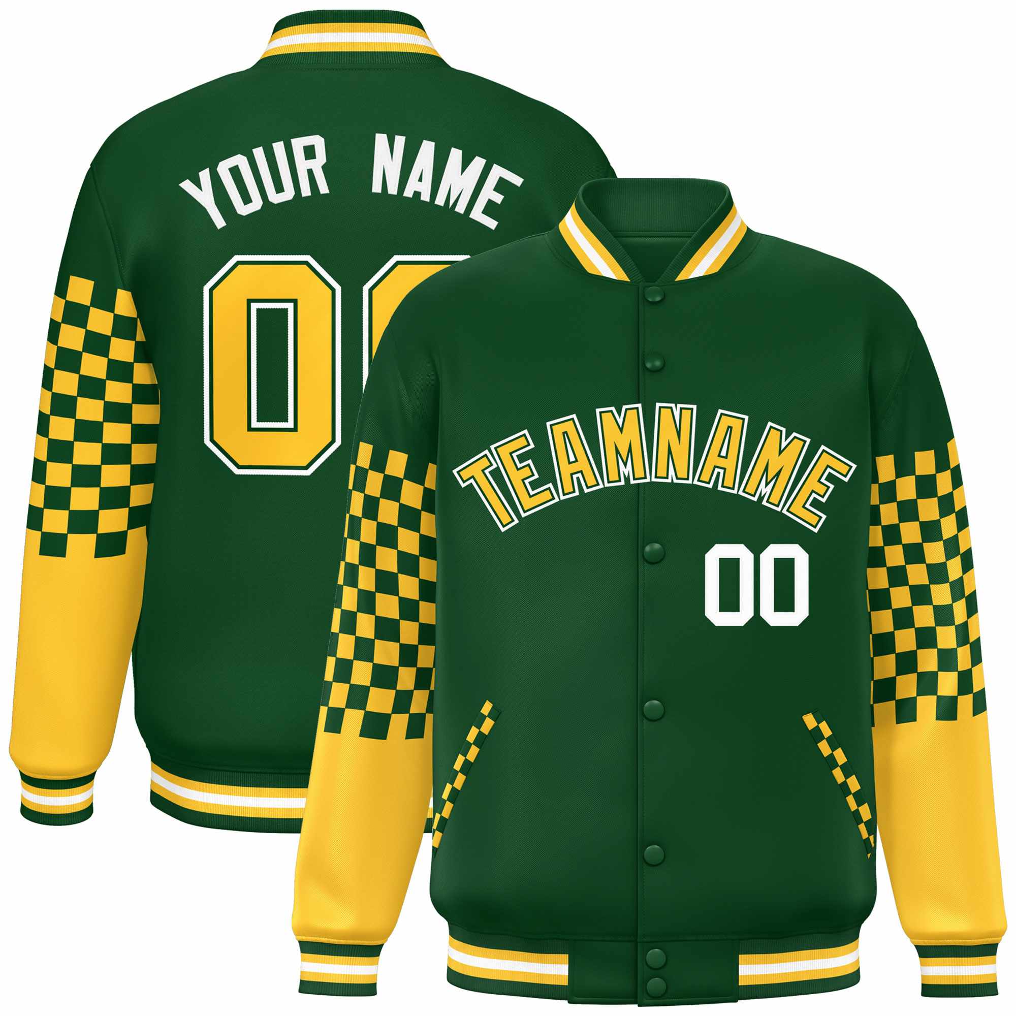 Custom Green Gold-White Checkered Pattern Color Block Bomber Varsity Jacket