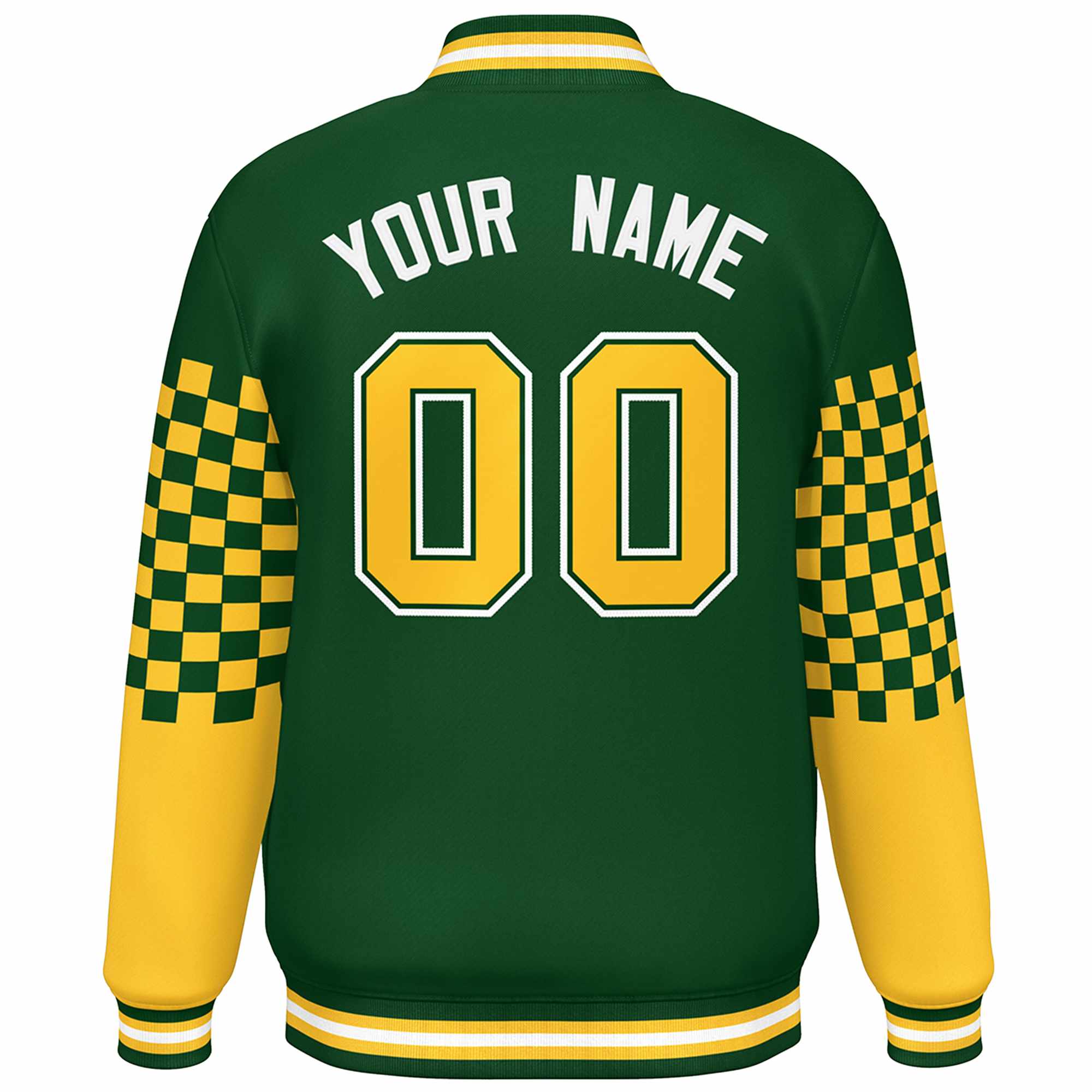 Custom Green Gold-White Checkered Pattern Color Block Bomber Varsity Jacket