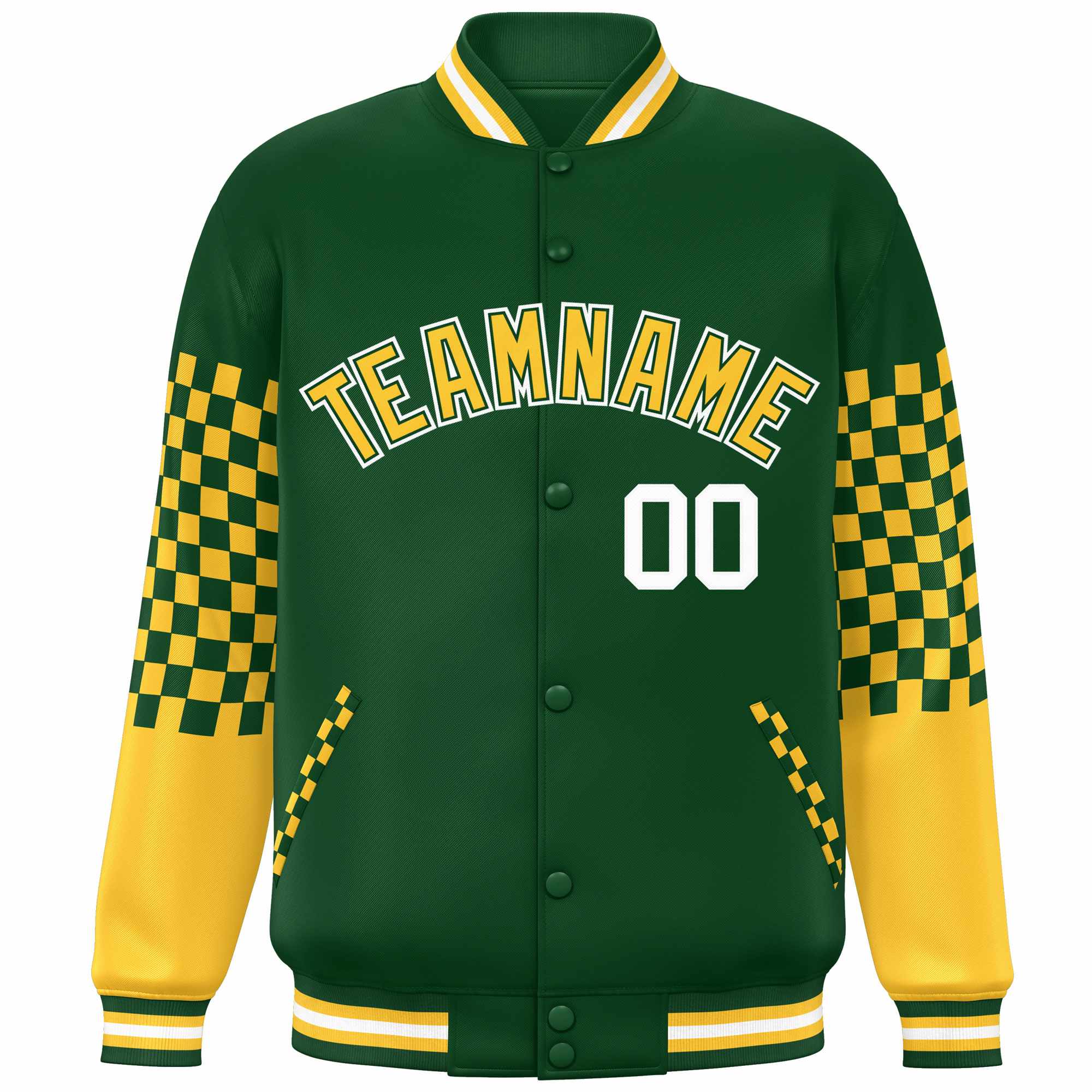 Custom Green Gold-White Checkered Pattern Color Block Bomber Varsity Jacket