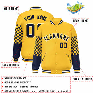 Custom Gold Navy-White Checkered Pattern Color Block Bomber Varsity Jacket