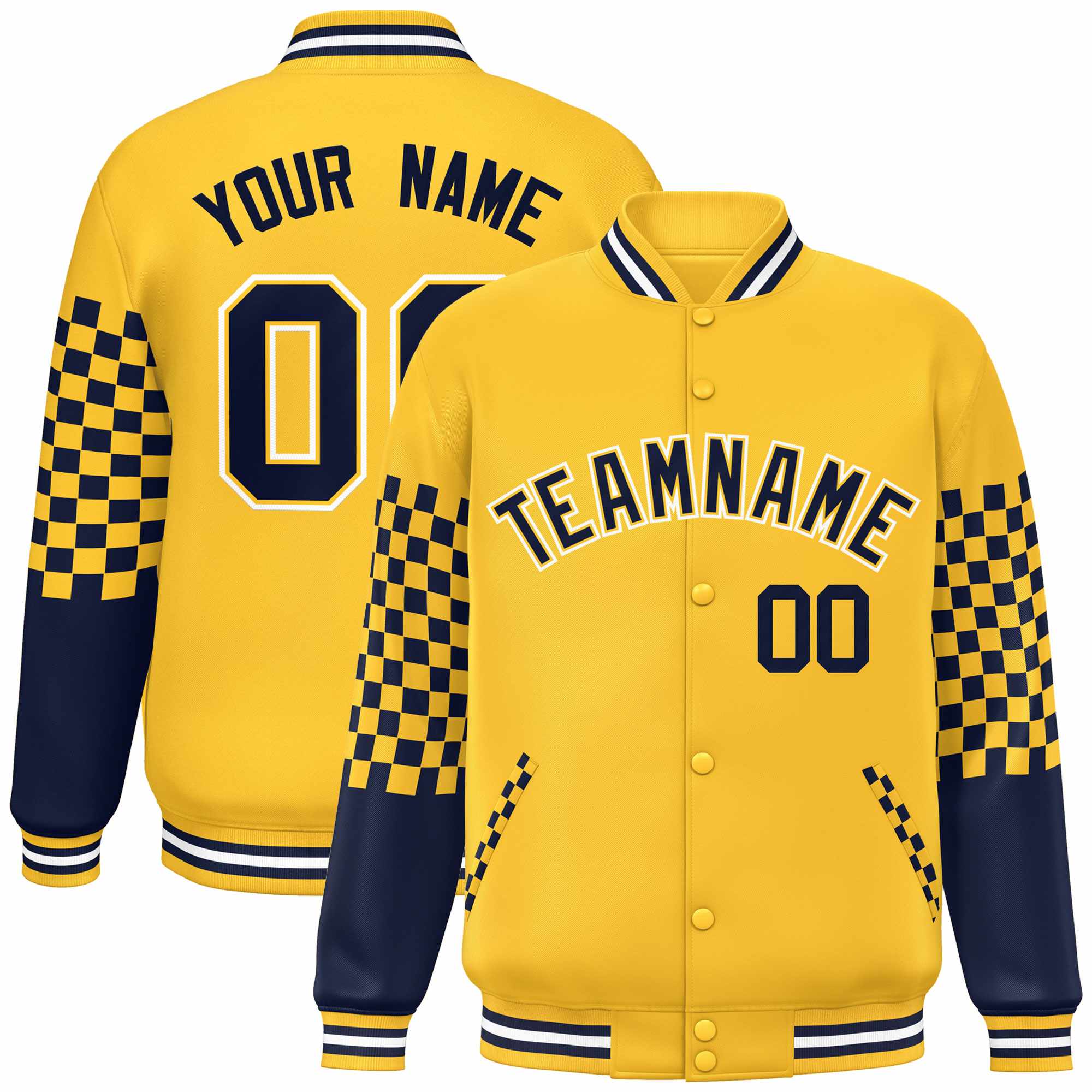 Custom Gold Navy-White Checkered Pattern Color Block Bomber Varsity Jacket