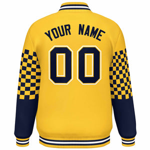 Custom Gold Navy-White Checkered Pattern Color Block Bomber Varsity Jacket