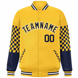 Custom Gold Navy-White Checkered Pattern Color Block Bomber Varsity Jacket