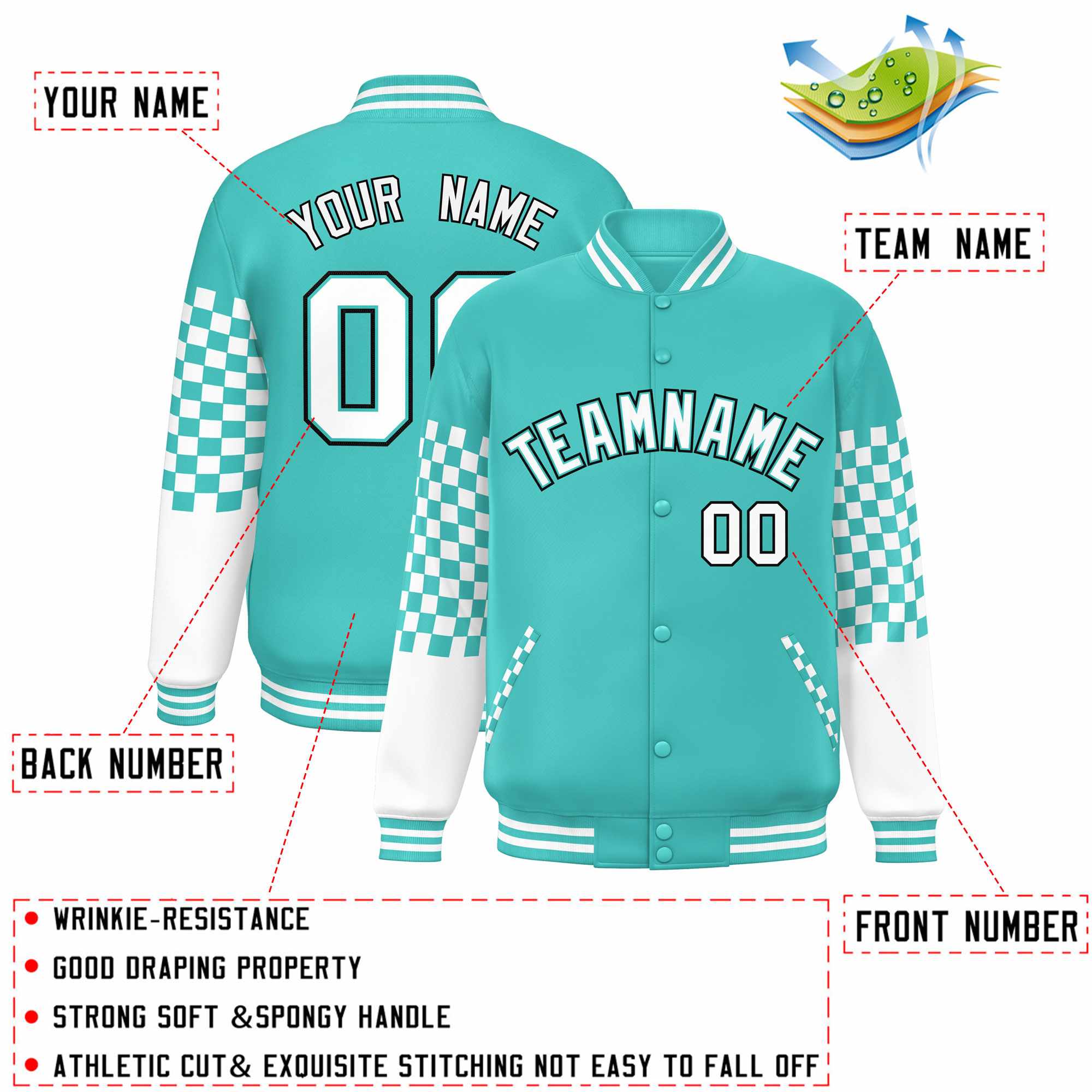 Custom Aqua White-Black Checkered Pattern Color Block Bomber Varsity Jacket