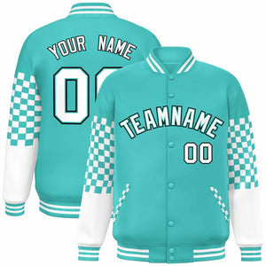 Custom Aqua White-Black Checkered Pattern Color Block Bomber Varsity Jacket