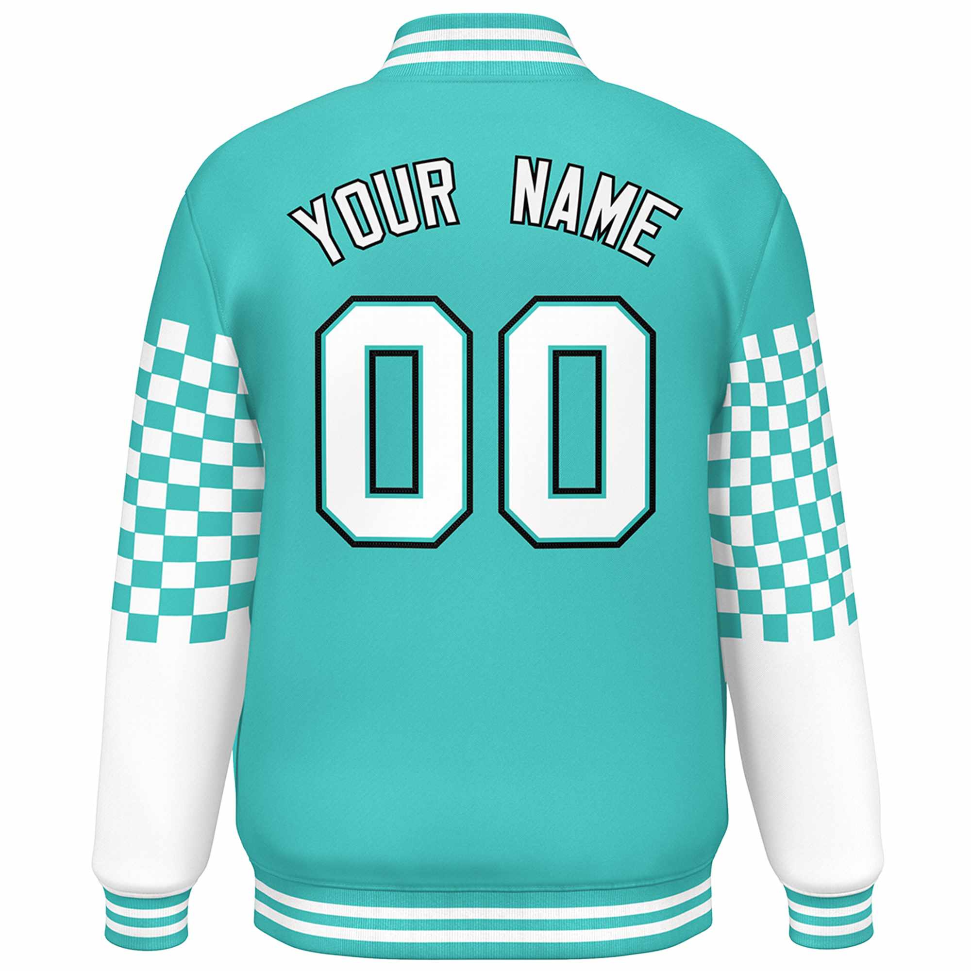 Custom Aqua White-Black Checkered Pattern Color Block Bomber Varsity Jacket