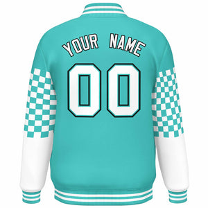 Custom Aqua White-Black Checkered Pattern Color Block Bomber Varsity Jacket