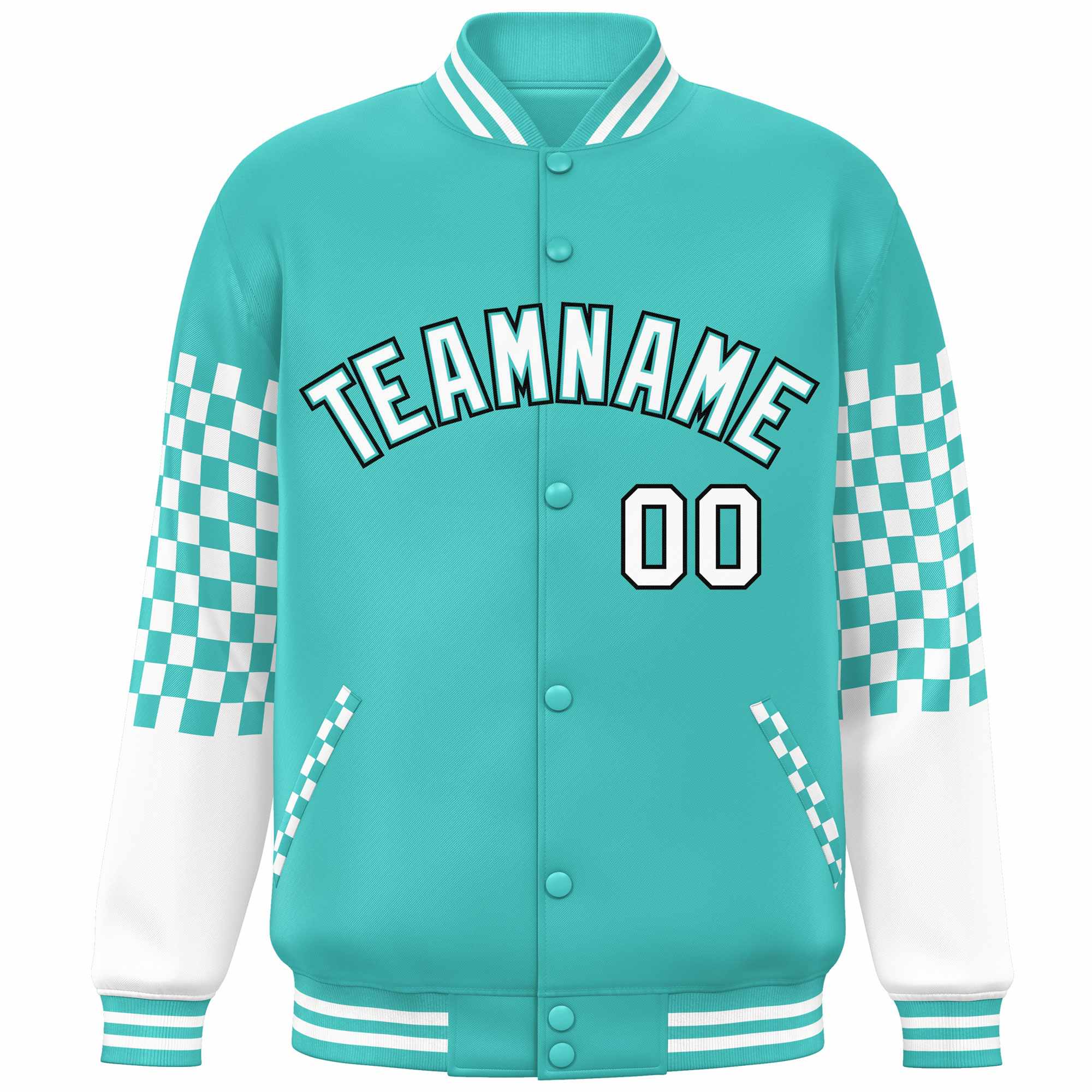 Custom Aqua White-Black Checkered Pattern Color Block Bomber Varsity Jacket