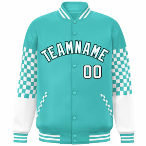 Custom Aqua White-Black Checkered Pattern Color Block Bomber Varsity Jacket