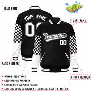 Custom Black White-Gray Checkered Pattern Color Block Bomber Varsity Jacket